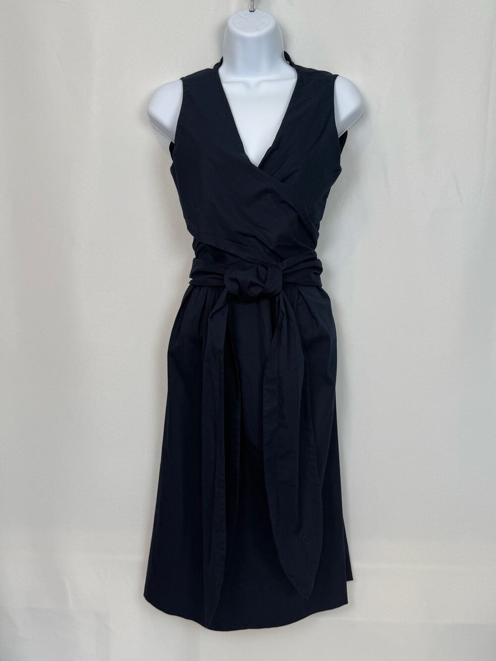 J.Crew Navy Wrap Dress Size 2 Cotton Poplin Sleeveless Tie Waist V-Neck